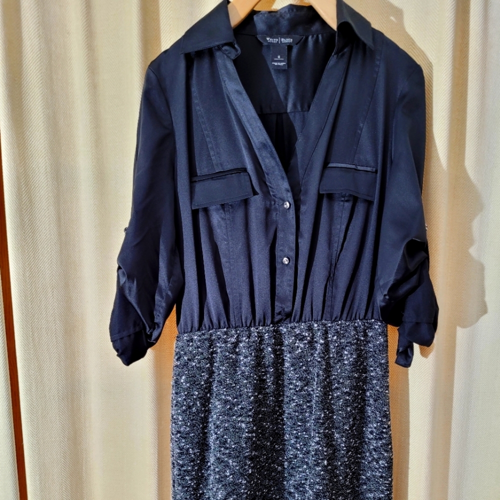 White House Black Market dress with black top over gray skirt